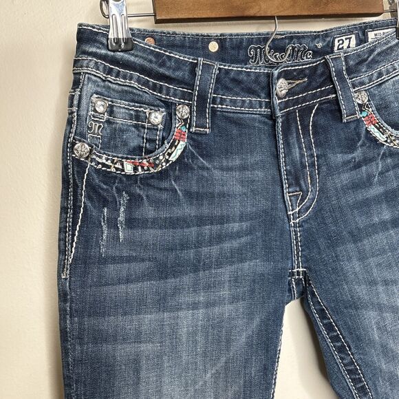Miss Me Jeans Mid Rise Boot Embellished Pockets Southwest Distressed 27/34 - Picture 8 of 13